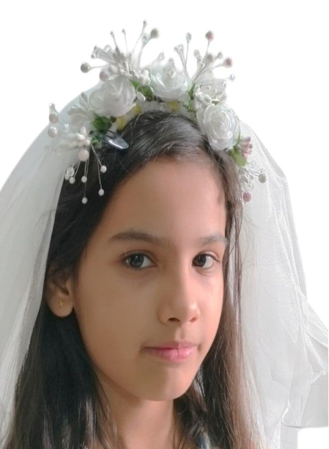 Devino ora Veil Flower Headband Hair Wreath Floral Crown Veil Girls Veil First Communion First Holy Communion Veils Headpiece Veil (Medium) - Image 4